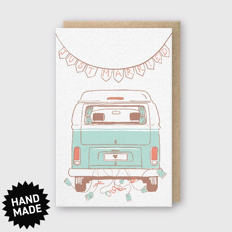 Sherpa blanket series for warm and fuzzy comfort-Just Married Camper Van Greeting Card