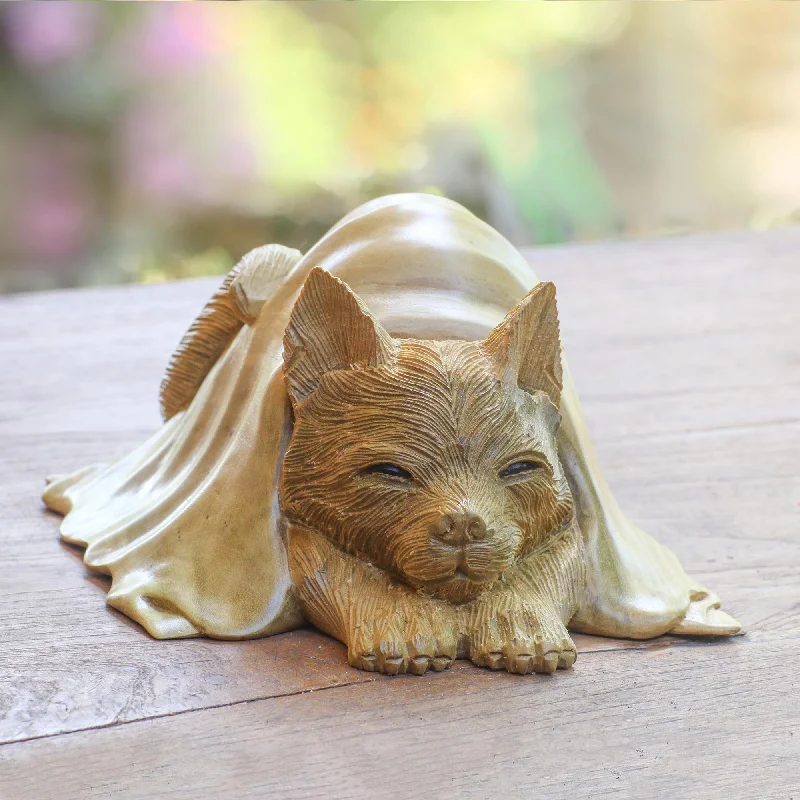 Chunky knit blanket series for a trendy look-Chilly Cat Hibiscus Wood Sculpture of a Cat in a Blanket from Bali