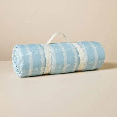 Travel blanket series for comfort on the go-New - 72"x72" Checkered Plaid Picnic Blanket Cream/Light Blue/Green - Hearth & Hand