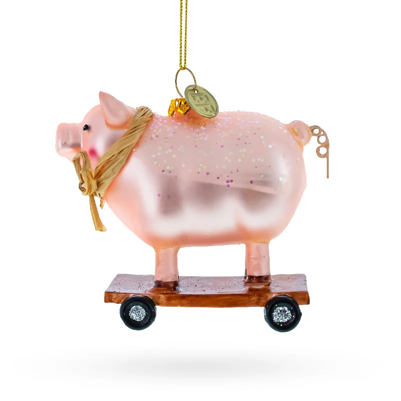 Christmas Decoration for star toppers-Playful Pig Riding a Skateboard Glass Christmas Ornament