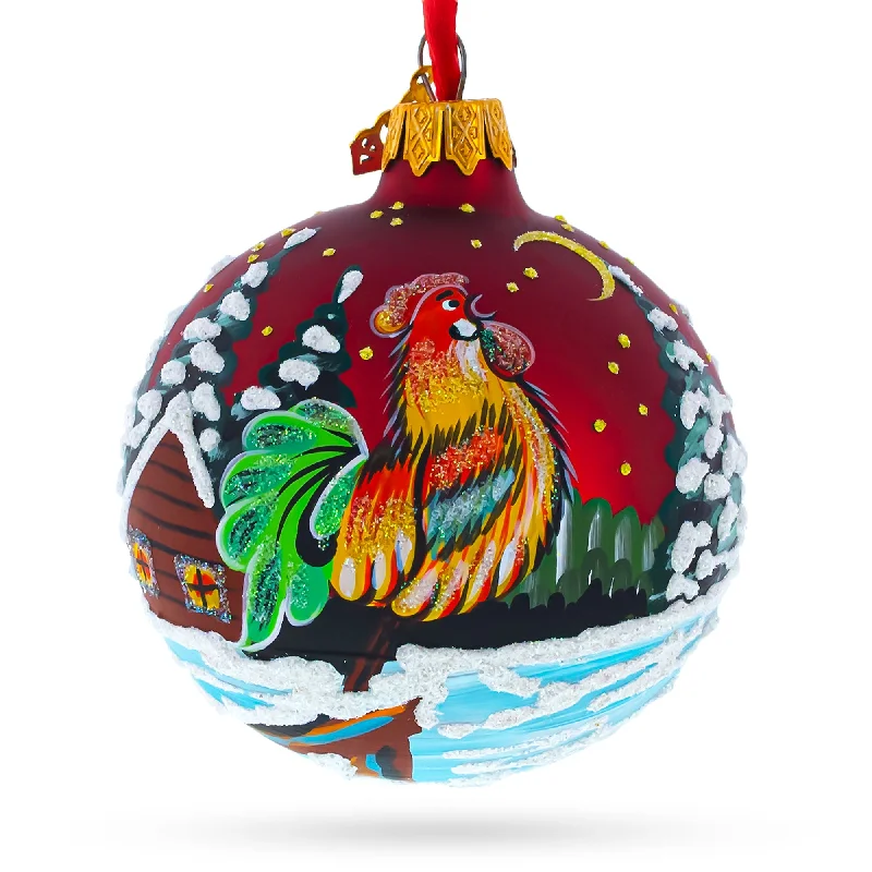 Christmas Decoration for light-up fun-Vibrant Village Scene on Red Blown Glass Ball Christmas Ornament 3.25 Inches