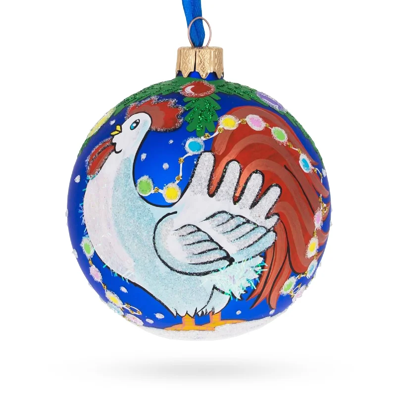 Christmas Decoration for village scenes-White Rooster Adorned with Holiday Lights Blown Glass Ball Christmas Ornament 3.25 Inches