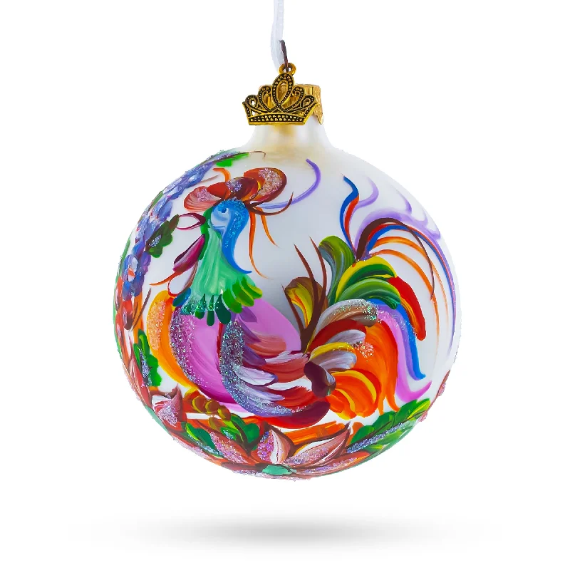 Christmas Decoration for ceramic charm-Vibrant Rooster with Flowers Blown Glass Ball Christmas Ornament 3.25 Inches