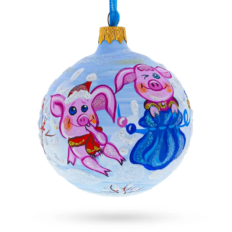 Christmas Decoration for new releases-Two Pigs with Gifts Blown Glass Ball Christmas Ornament 3.25 Inches