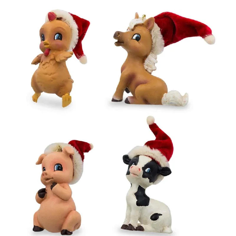 Christmas Decoration for streaming joy-Chick, Piglet, Calf and Pony in Santa Hats- Christmas Ornaments 3 Inches