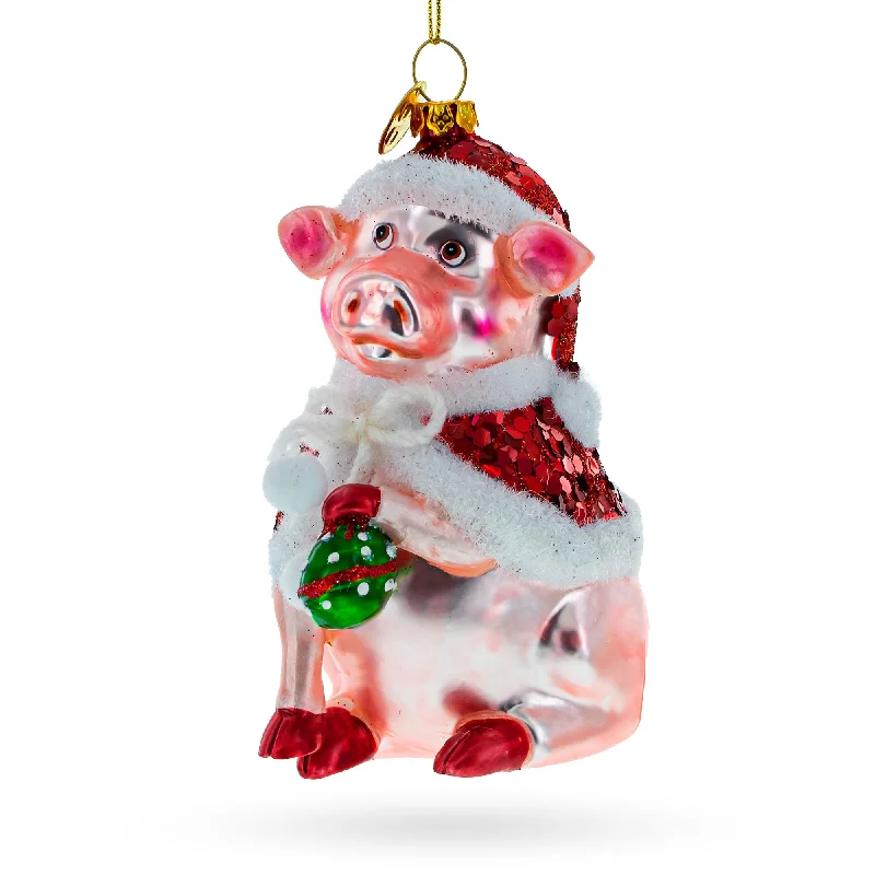 Christmas Decoration for luxury displays-Pig Donning a Santa Hat Blown Glass Christmas Ornament