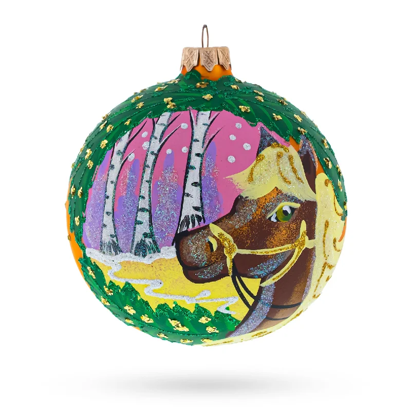 Christmas Decoration for decked halls-Serene Horse in the Forest Blown Glass Ball Christmas Ornament 4 Inches