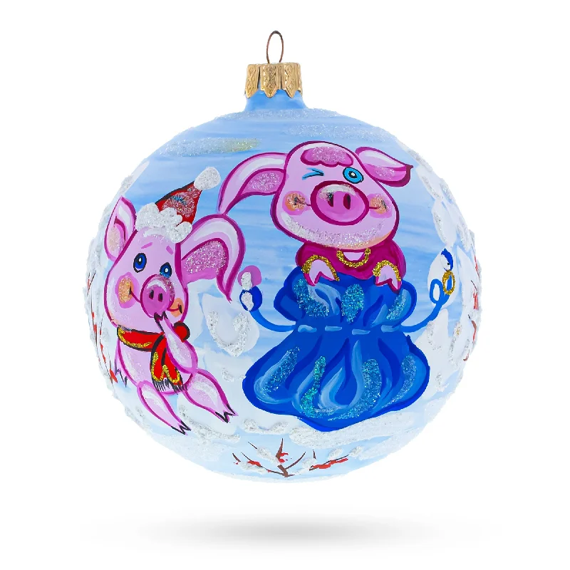 Christmas Decoration for train sets-Two Pigs with Gifts Blown Glass Ball Christmas Ornament 4 Inches