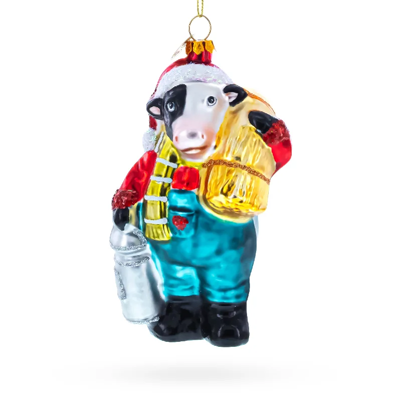 Christmas Decoration for DIY projects-Cow Carrying Milk Jug Blown Glass Christmas Ornament