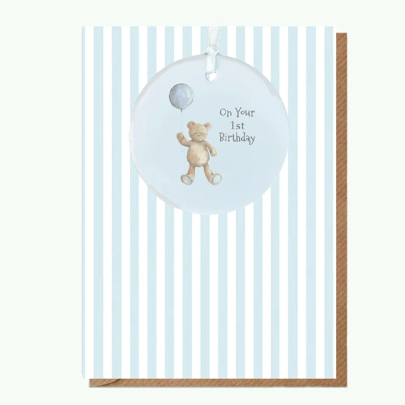 Blanket series with playful designs for children-A6 Greeting Card with Ceramic Keepsake - Baby 1st Birthday Boy Teddy & Balloon