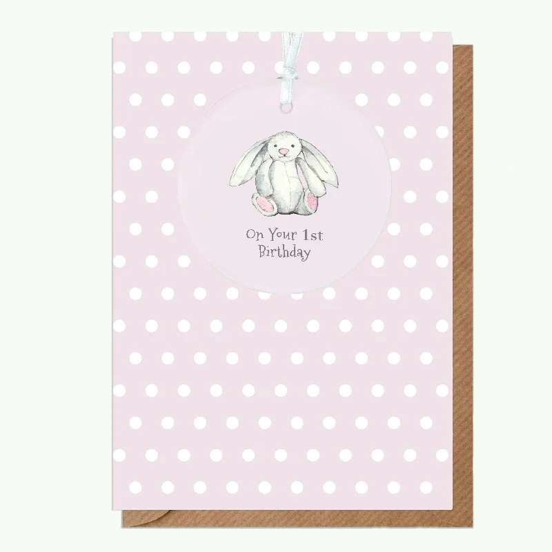 Multi-purpose blanket series for versatile use-A6 Greeting Card with Ceramic Keepsake - Baby 1st Birthday Girl Bunny