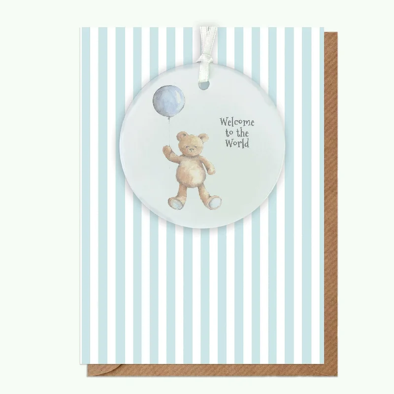 Blanket series with custom embroidery for personalized gifts-A6 Greeting Card with Ceramic Keepsake - Baby Boy Teddy and Balloon