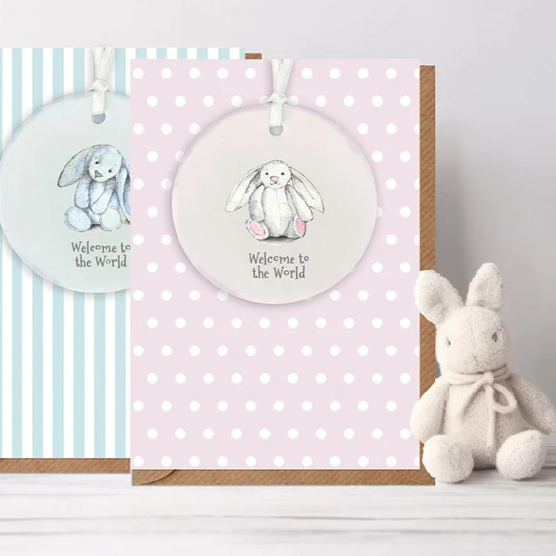 Kids’ blanket series with fun patterns-A6 Greeting Card with Ceramic Keepsake - Baby Girl Bunny