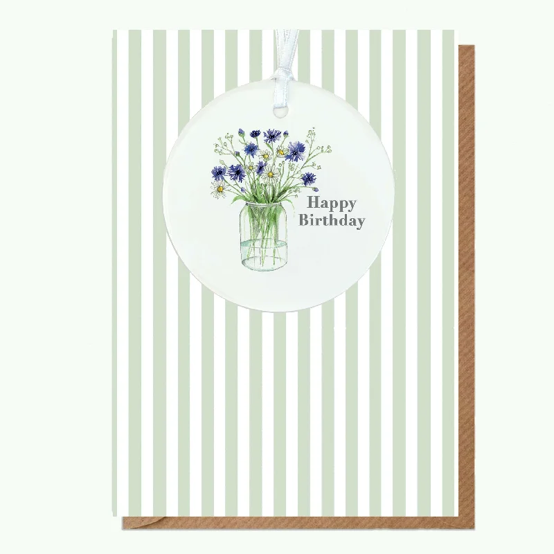 Reversible blanket series for multiple designs-A6 Greeting Card with Ceramic Keepsake - Cornflowers Happy Birthday