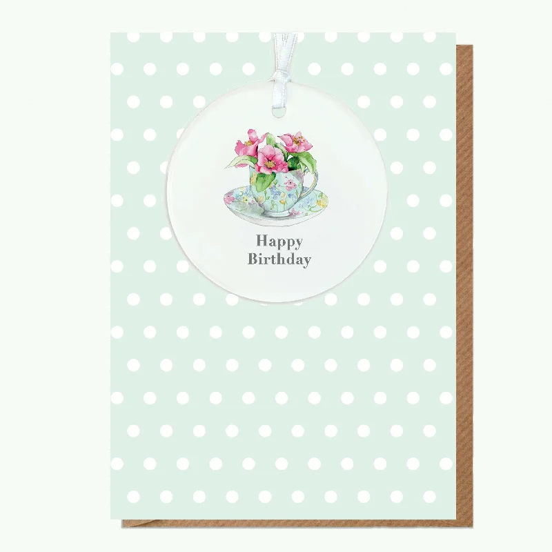 All-season blanket series for versatile comfort-A6 Greeting Card with Ceramic Keepsake - Flowers & Tea Cup Happy Birthday