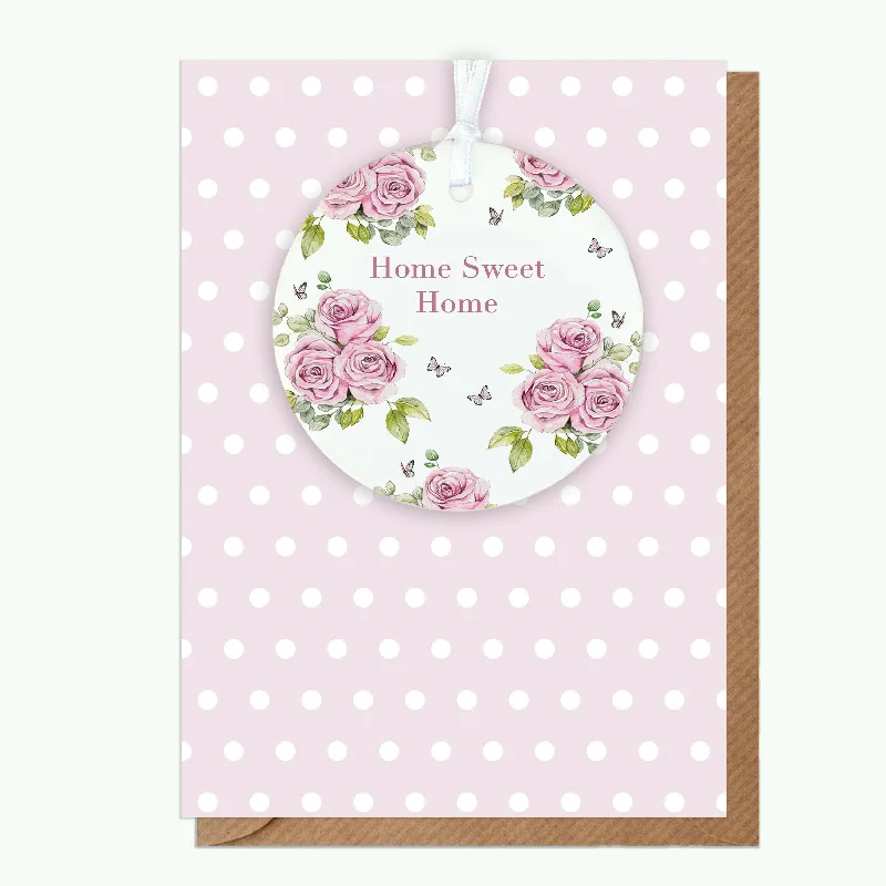 Travel blanket series for comfort on the go-A6 Greeting Card with Ceramic Keepsake - Rose Cream Home Sweet Home