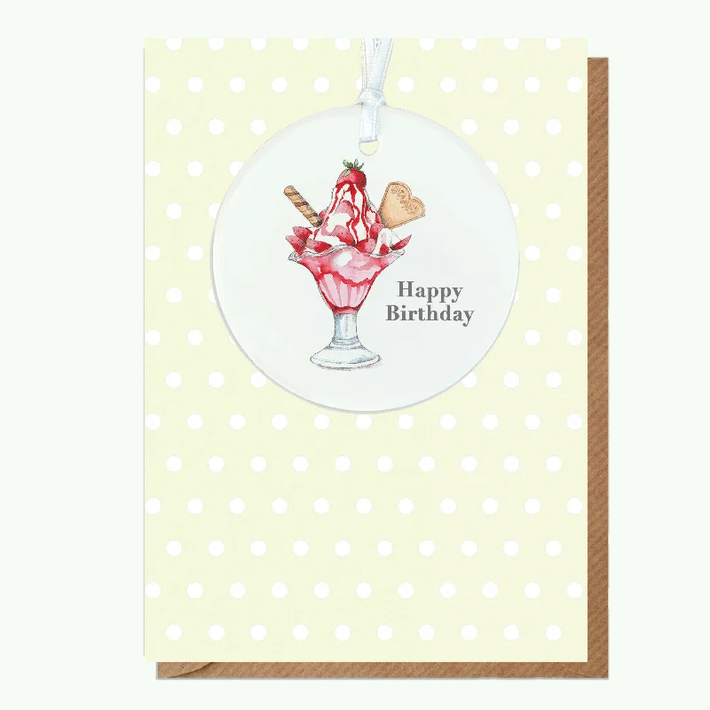 Organic cotton blanket series for sustainable living-A6 Greeting Card with Ceramic Keepsake - Strawberry Sundae Happy Birthday