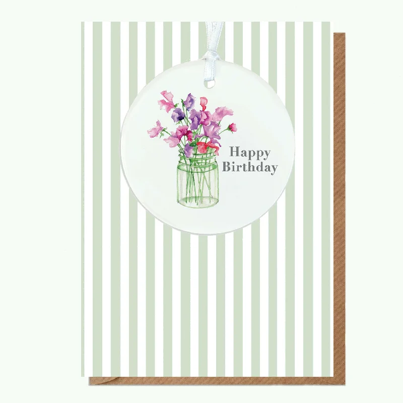 Eco-friendly blanket series for sustainable living-A6 Greeting Card with Ceramic Keepsake - Sweet Peas Happy Birthday