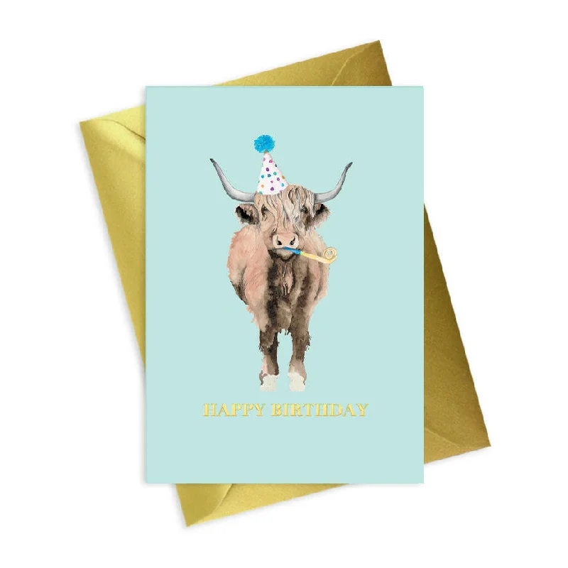 Breathable blanket series for year-round comfort-Highland Cow Happy Birthday A6 Foiled Greeting Card - Animal Collection