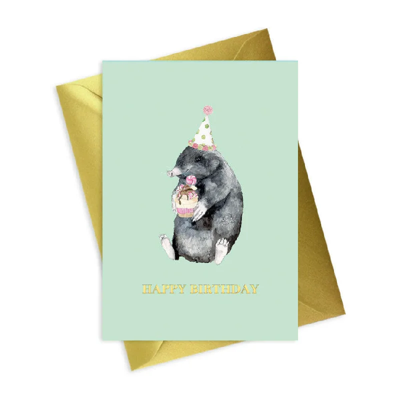 Blanket series with festive designs for holiday decor-Happy Birthday Cute Mole A6 Foiled Greeting Card - Animal Collection