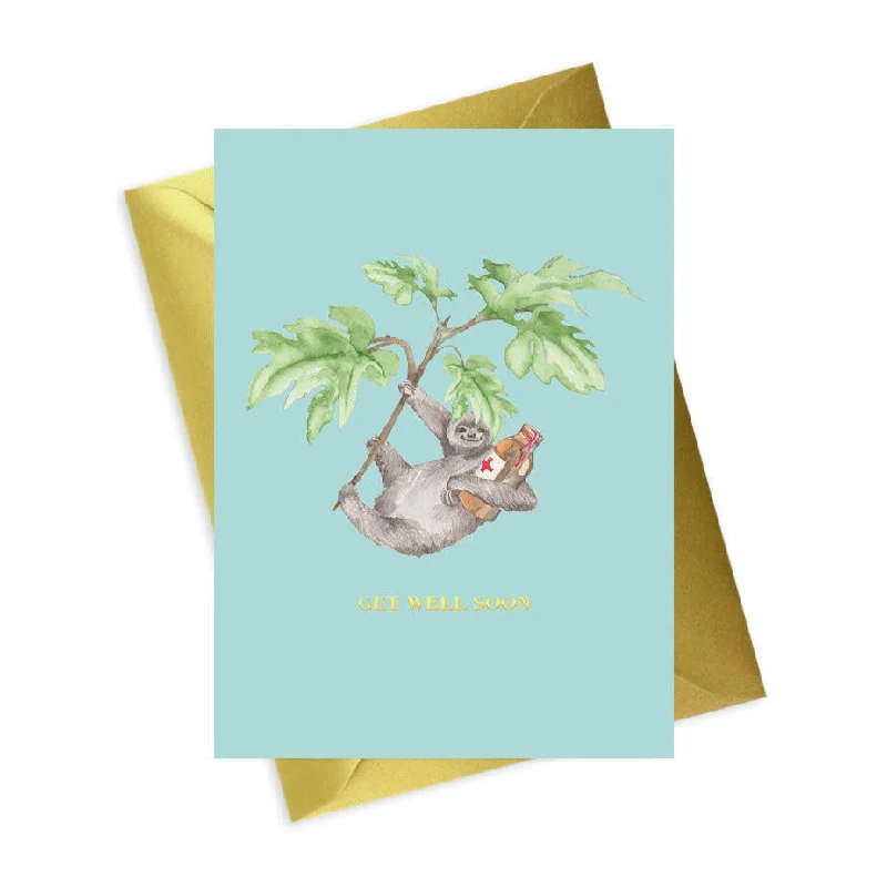 Extra warm blanket series for those who feel the chill-Get Well Soon Sloth A6 Foiled Greeting Card - Animal Collection