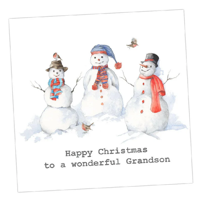 Lightweight travel blanket series for on-the-go comfort-Premium Hand-Finished Christmas Snowman Grandson Card - Festive Greeting with Snowman Design