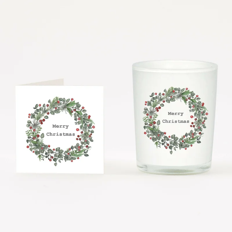 Designer blanket series for high-end luxury-Personalized Christmas Wreath Candle with Handwritten Card - Festive Holiday Decor and Greeting