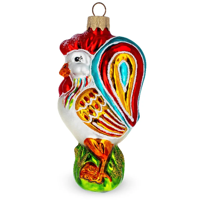 Christmas Decoration for sustainable style-Vibrant and Colorful Rooster Mini Glass Christmas Ornament