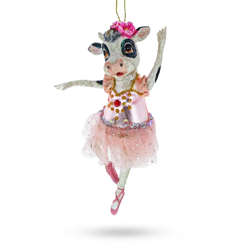 Christmas Decoration for surprise gifts-Enchanting Ballerina Cow in Tutu Dancing Blown Glass Christmas Ornament