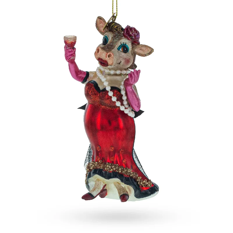 Christmas Decoration for toy displays-Elegant Cow Sipping Red Wine Blown Glass Christmas Ornament