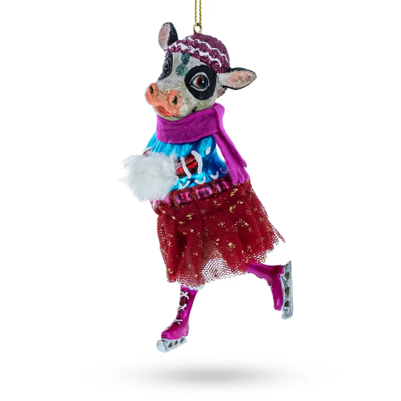 Christmas Decoration for trendy looks-Graceful Cow Ice Skating in Winter Wonderland Blown Glass Christmas Ornament