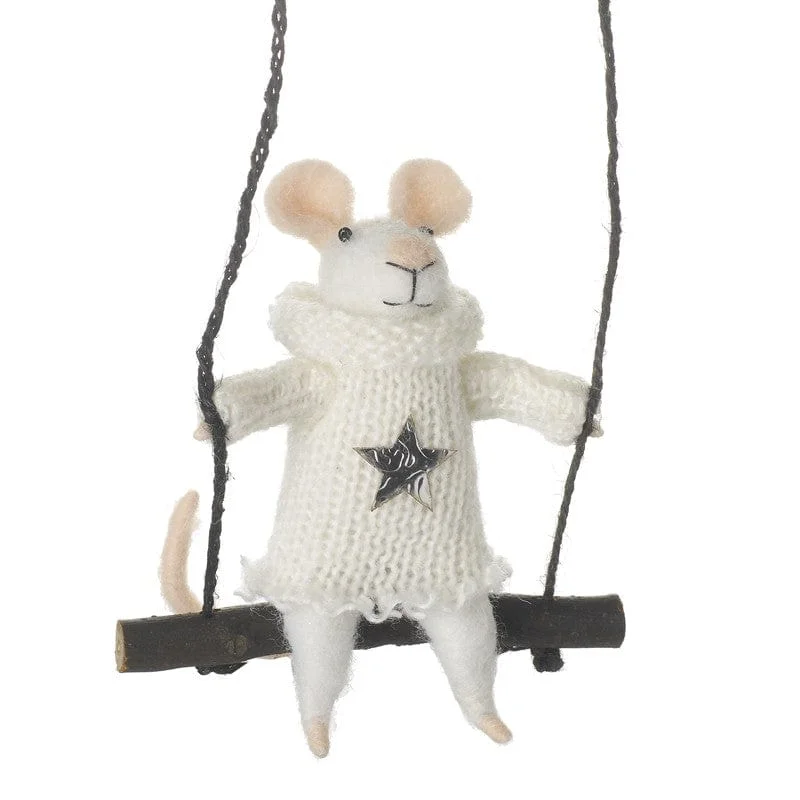 Christmas Decoration for fairy lights-Felt Mouse on Wooden Swing Christmas Tree Decoration