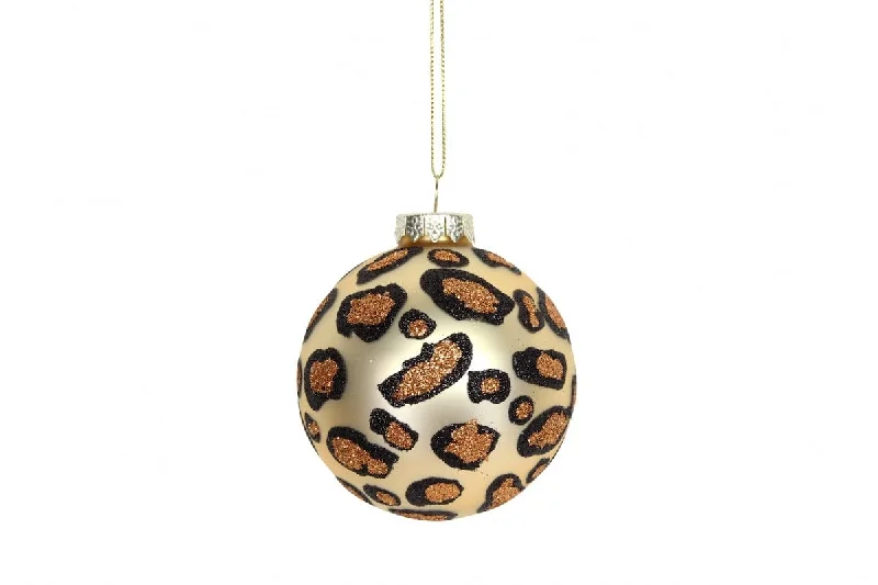 Christmas Decoration for family fun-Glass Gold Leopard Print Glitter Christmas Tree Bauble