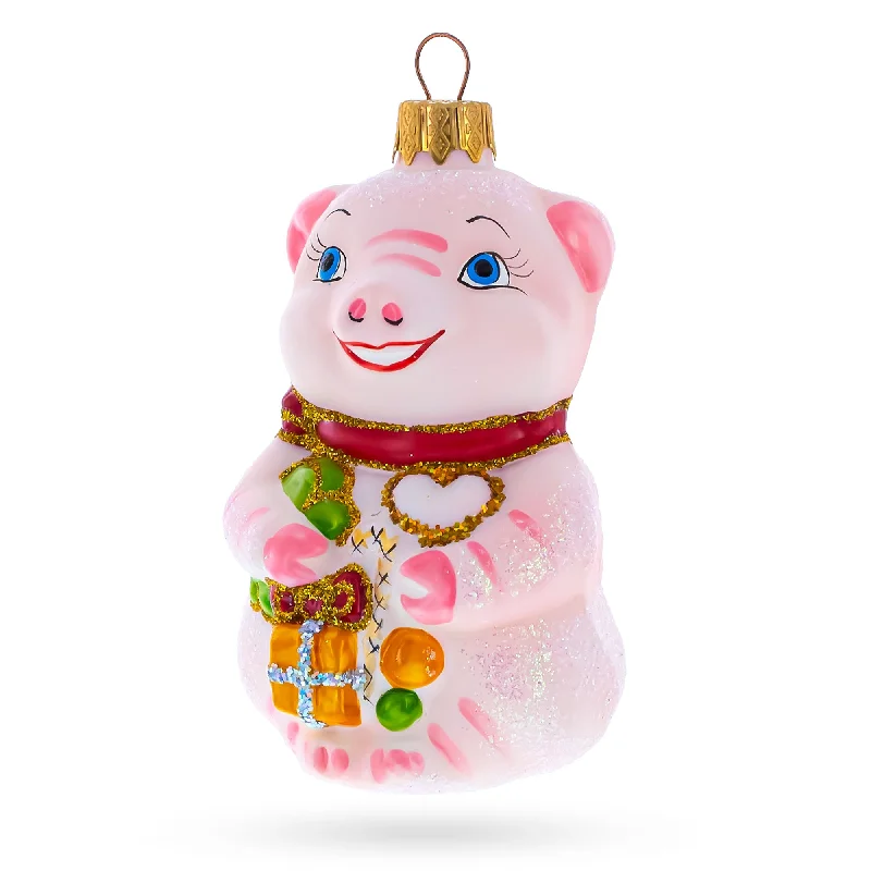 Christmas Decoration for Santa Claus-Happy Pig with Gifts Mini Glass Christmas Ornament