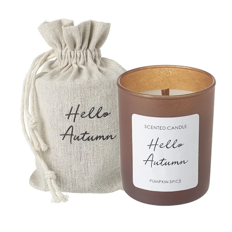 Christmas gift candles with gold and silver accents-Hello Autumn Pumpkin Spiced Candle with Bag