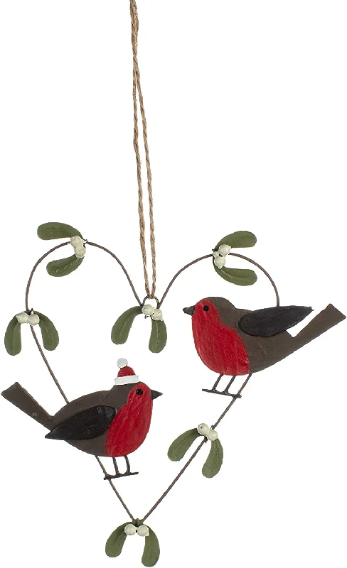 Christmas Decoration for faith displays-Metal Robins in Mistletoe Heart Christmas Tree Decoration