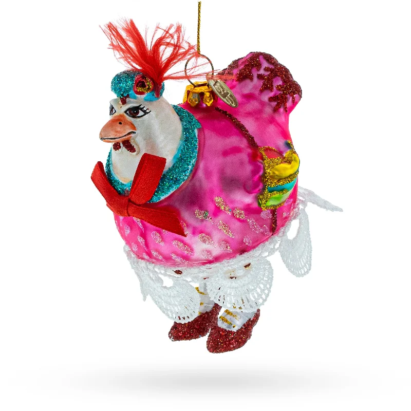 Christmas Decoration for book nooks-Quirky Hen in Pink Dress Blown Glass Christmas Ornament