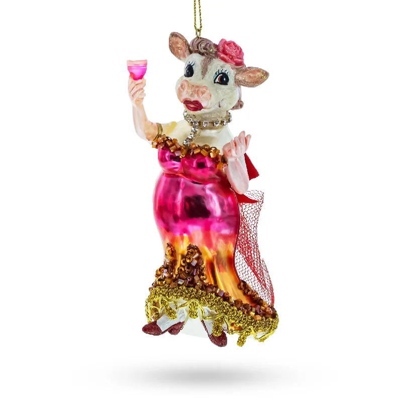 Christmas Decoration for metal shine-Pink-Dressed Cow with Wine Glass  Christmas Ornament