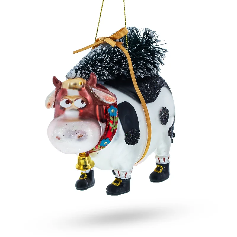 Christmas Decoration for game nights-Whimsical Cow Carrying Tree Blown Glass Christmas Ornament