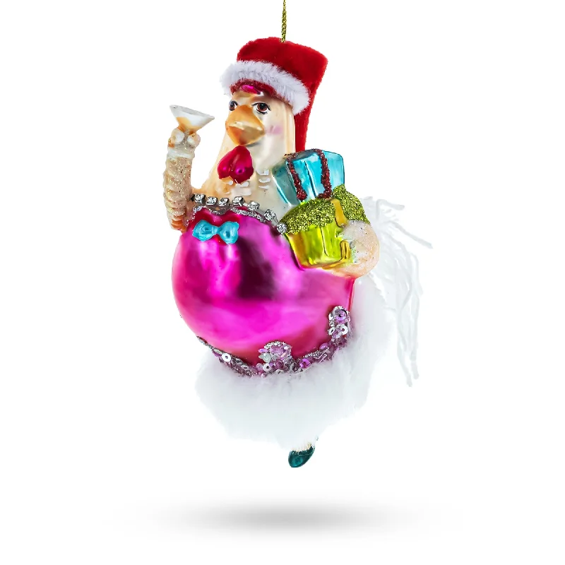 Christmas Decoration for story time-Charming Chicken in Pink Dress Glass Christmas Ornament