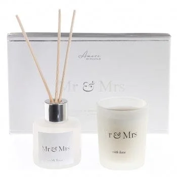 Christmas gift candles with lavender scent for relaxation-Mr and Mrs Wedding Candle and Reed Diffuser Gift Set