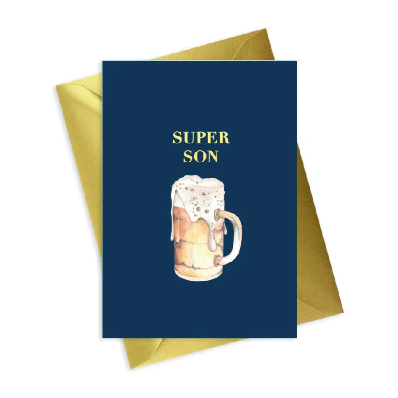 Outdoor blanket series for camping and picnics-Navy Mens A6 Foiled Greeting Card - Beer Super Son