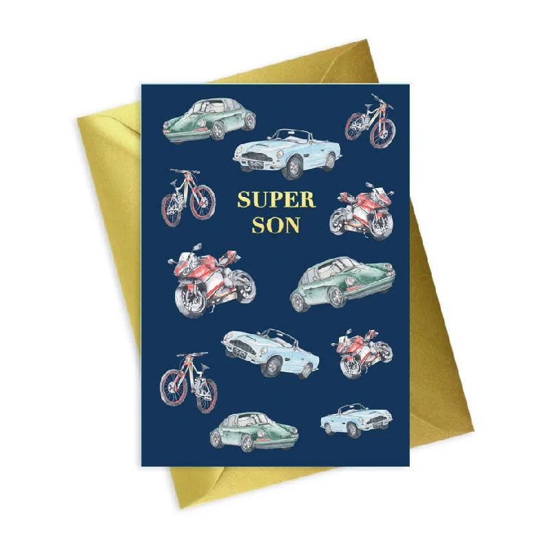 Premium blanket series with premium fabrics-Premium Foiled Navy A6 Greeting Card for Men - Super Son Car Design