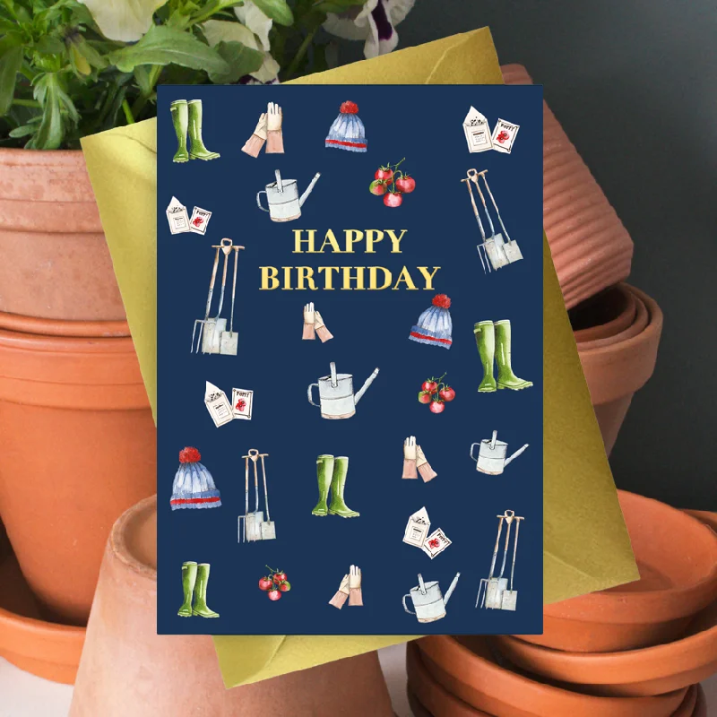 Custom blanket series for personalized home gifts-Mens Navy A6 Foiled Greeting Card - Gardening Happy Birthday Design