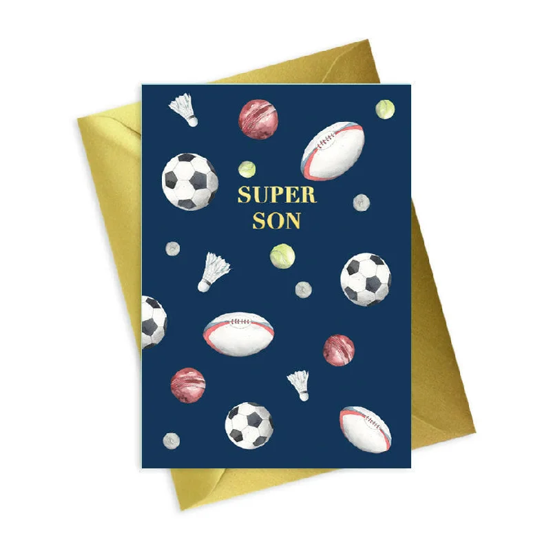 Silk blanket series for a soft and smooth feel-Navy Mens A6 Foiled Greeting Card - Multi Sport Super Son