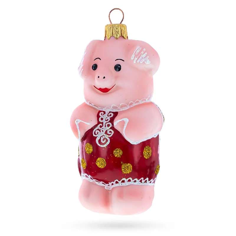 Christmas Decoration for bell chimes-Pig Wearing Red Dress Mini Glass Christmas Ornament