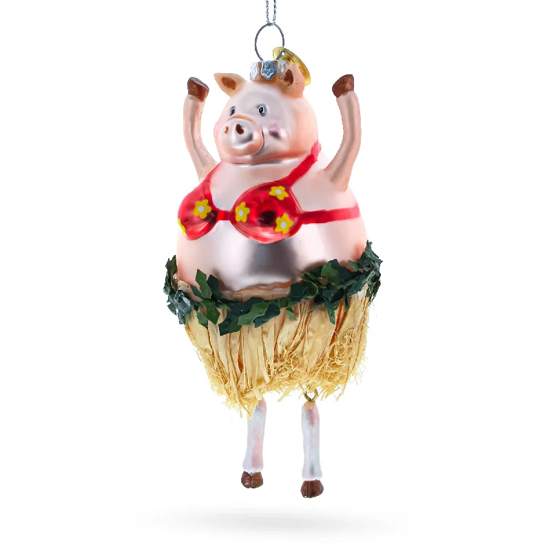 Christmas Decoration for custom designs-Jubilant Pig Dancing in a Bra Blown Glass Christmas Ornament