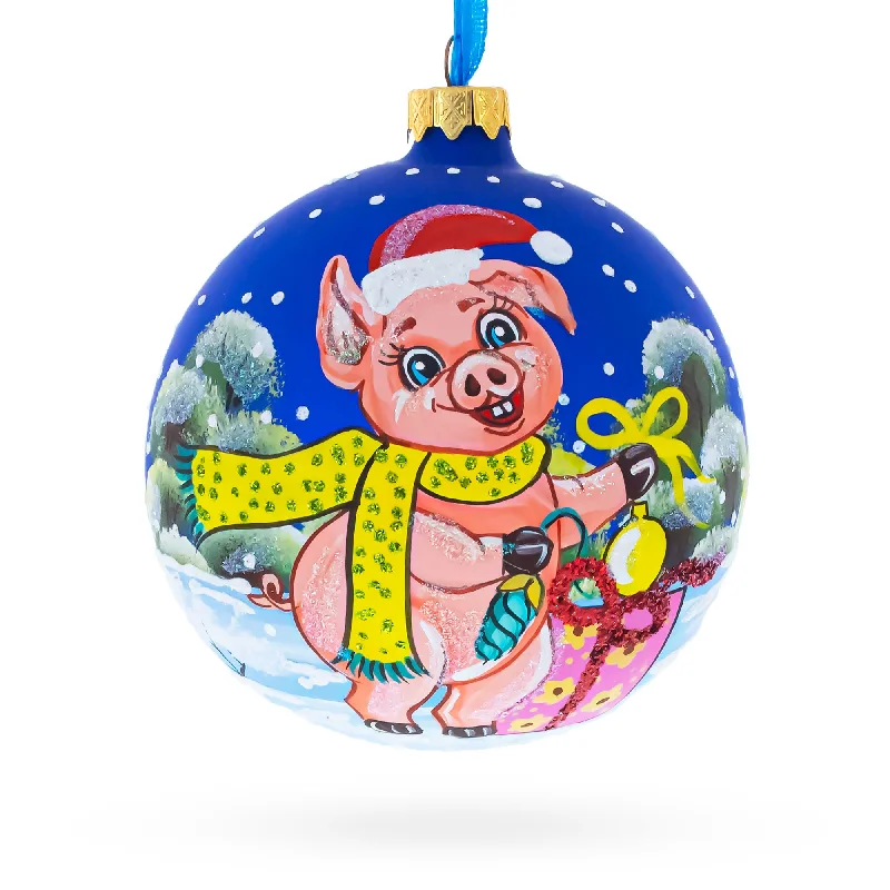 Christmas Decoration for carol themes-Festive Pigs Decorating Tree Blown Glass Ball Christmas Ornament 4 Inches