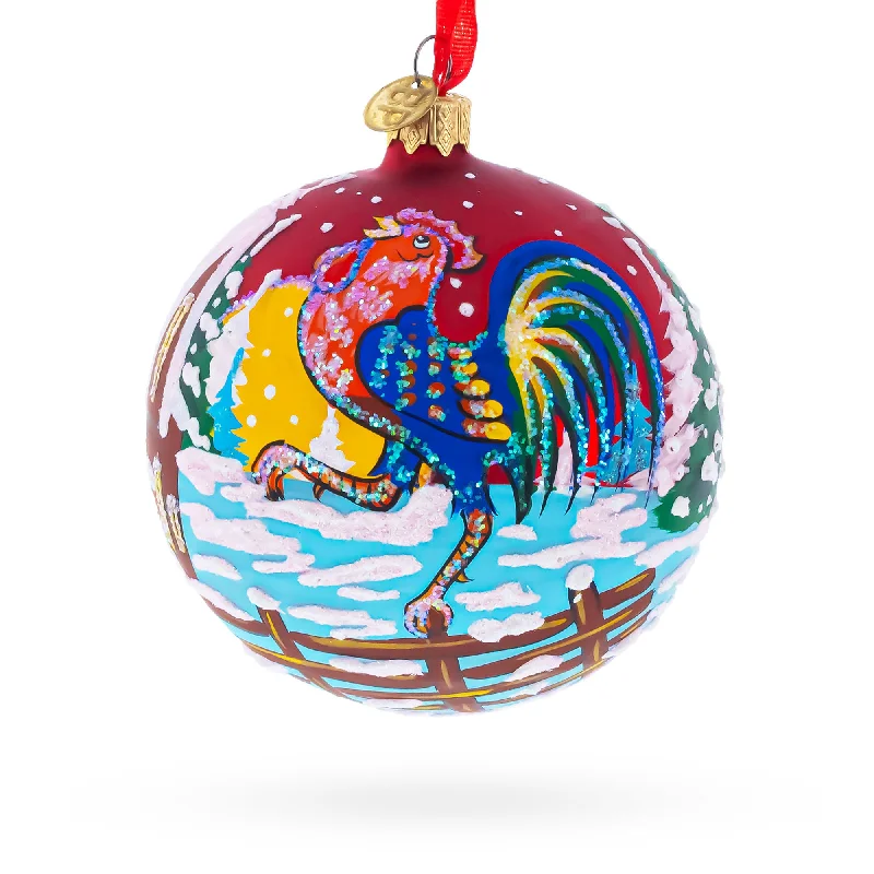 Christmas Decoration for mini houses-Rooster in the Winter Village Blown Glass Ball Christmas Ornament 4 Inches