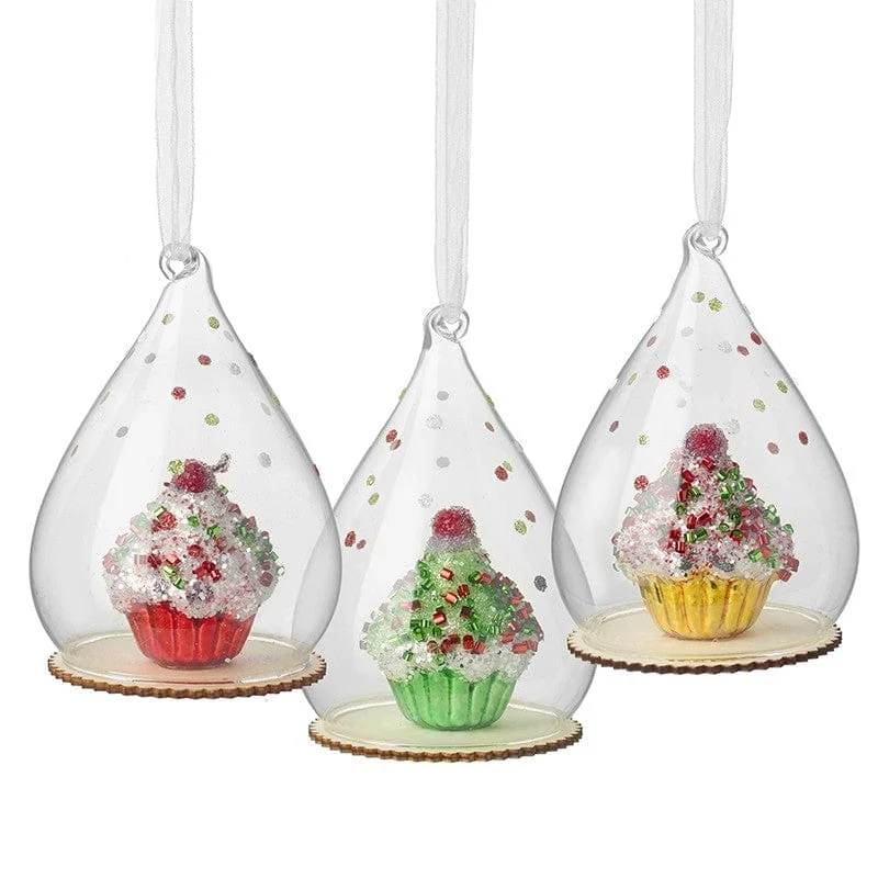 Christmas Decoration for kitchen nooks-Set of 3 Cupcakes in Domes Christmas Tree Decorations